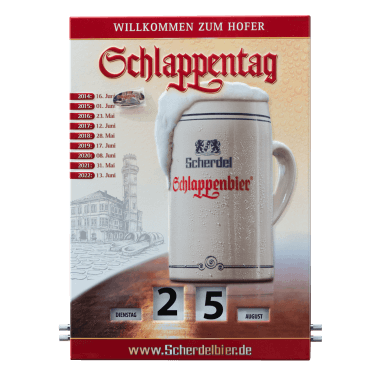 Rotary Schlappentag calendar made of tin metal, 300 mm x 430 mm, comes with a metal pin in the shape of a slipper (”Schlappen”) to allow you to mark appointments and other dates 