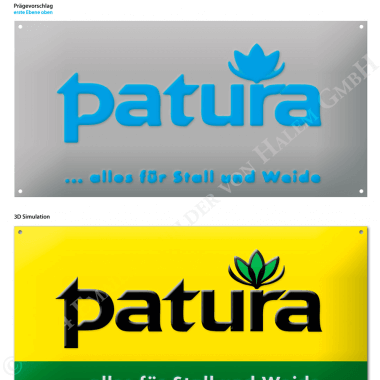Patura aluminium sign, preview of the embossing 