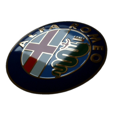 Intricate Alfa Romeo porcelain enamel sign, 50 cm in diameter, embossed, with real gold and hidden hanger 