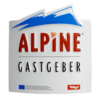 Alpine Gastgeber porcelain enamel sign, contour-cut and embossed, 200 mm x 205 mm, hidden hangers and wall cross 