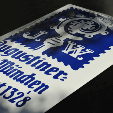 Big Augustiner porcelain enamel sign, 470 mm x 740 mm, stencilled in blue and white 