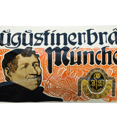 Augustiner porcelain enamel sign Reproduction true to the original old Augustiner Mönch porcelain enamel sign, 100 cm x 50 cm, extremely intricate, heavily crowned sign featuring stencilled writing and ceramic screen printing in seven different colours
