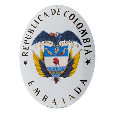 Sign for the Embassy of Colombia, porcelain enamel, 600 mm x 678 mm, eight ceramic colours plus real gold and platinum 